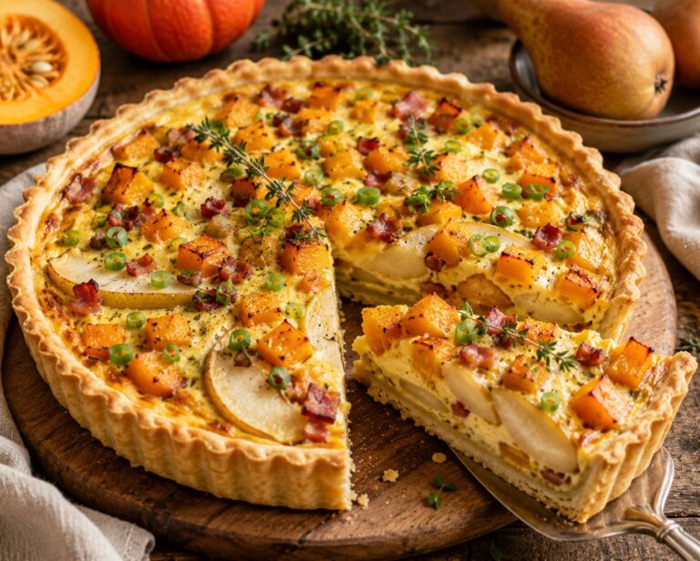 Savory Autumn Pumpkin Quiche with Sweet Pears and Smoked Bacon Savory Autumn Pumpkin Quiche with Sweet Pears and Smoked Bacon