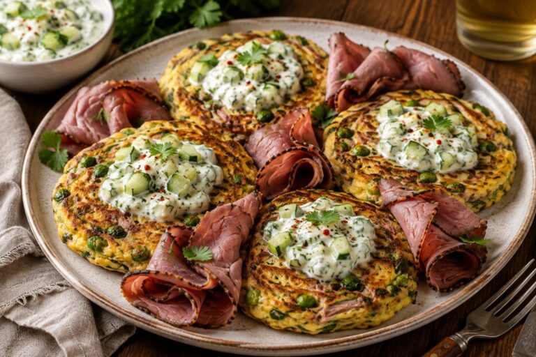 Savoury egg pancakes recipe: Roast beef green pea cakes Savoury egg pancakes recipe: Roast beef green pea cakes