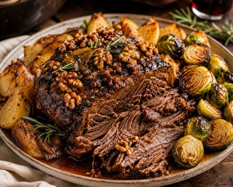 Slow-Braised Cola Beef Roast in Red Wine Reduction with Caramelized Walnuts