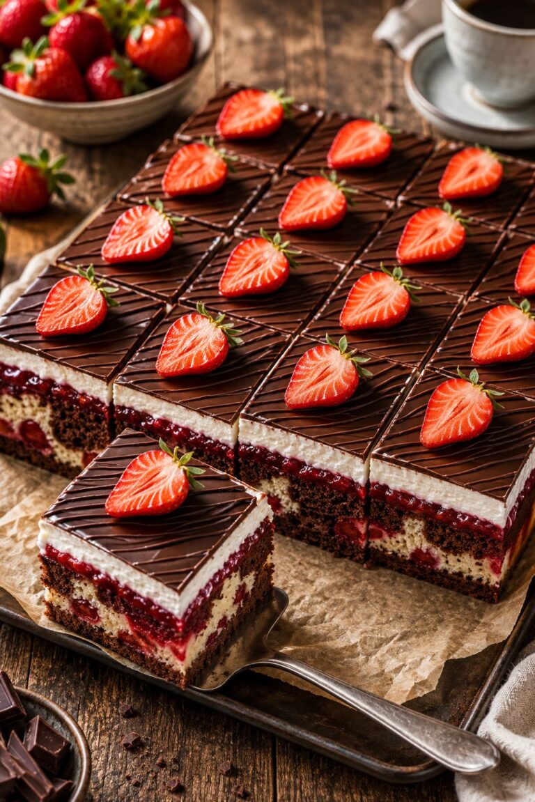 Strawberry donauwelle cake: Laminated quark chocolate sheet torte Strawberry donauwelle cake: Laminated quark chocolate sheet torte