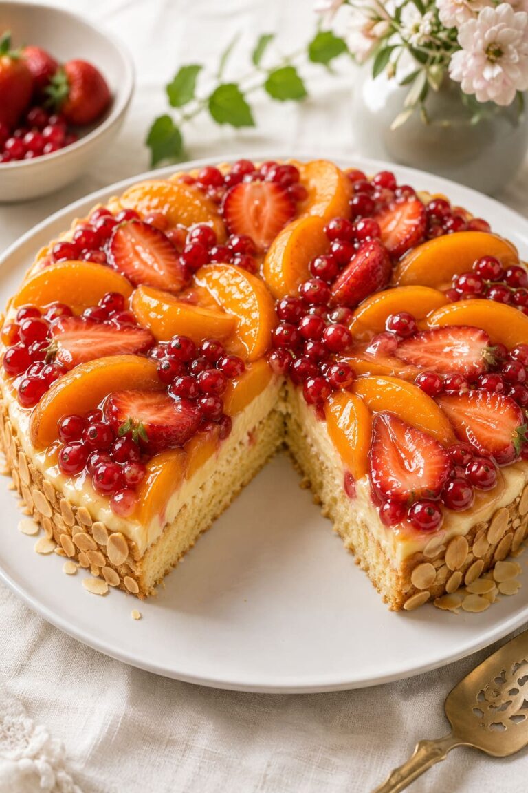 Sun-Drenched Summer Fruit Sponge Cake with Velvet Amaretto Almond Cream