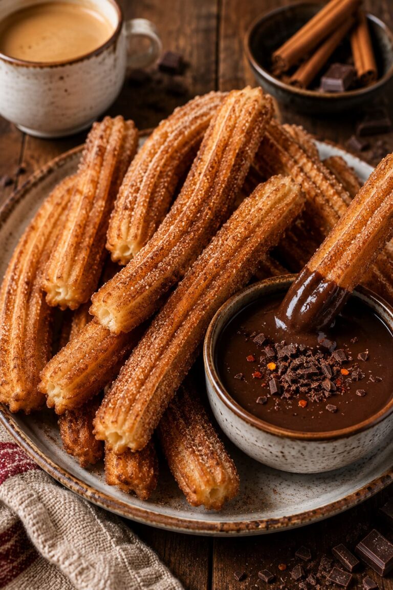 Traditional spanish churros: Mocha chocolate dipping sauce