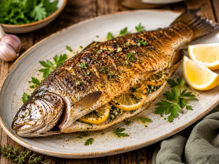 Crisp Oven Baked Whole Trout with Garlic Herb Butter and Fresh Lemon