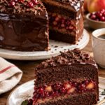 Decadent Double Chocolate Layer Cake with Tart Lingonberry Apple Compote and Smooth Fudge Glaze