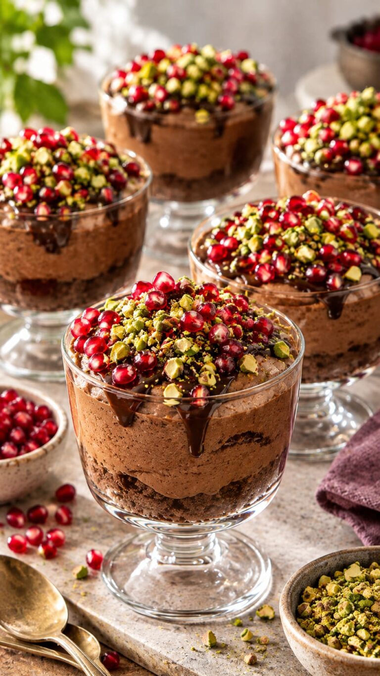 Decadent Italian Ricotta Chocolate Mousse with Velvet Sweet Date Paste and Crimson Pomegranate Armor
