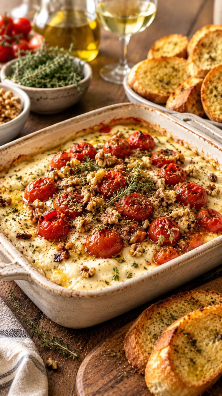 Decadent Oven-Baked Goat Cheese Dip with Blistered Herb Tomatoes and Crunchy Walnut Armor