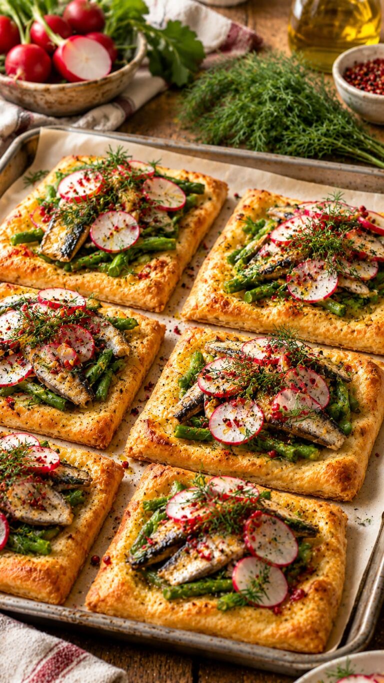Elegant Italian Sardine Pizzetti with Blistered Green Beans, Crisp Radish Sheets and Pink Peppercorn Armor
