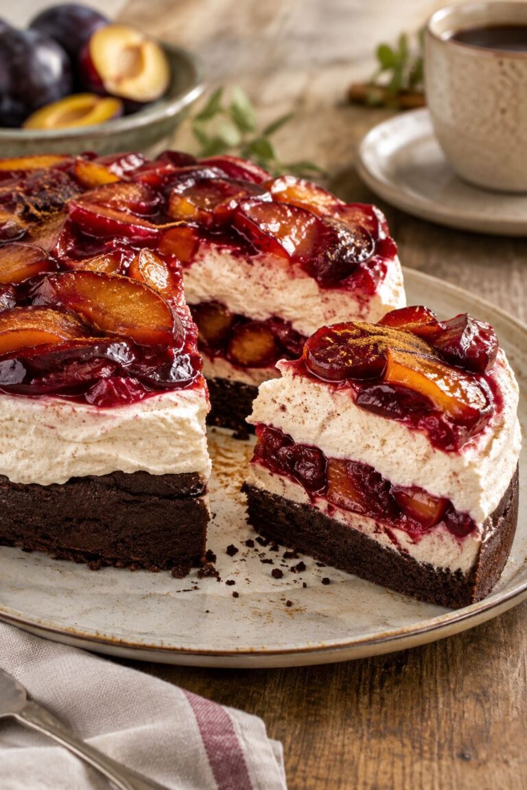 Elegant Miniature Plum Cinnamon Layer Cake with Fudgy Dark Chocolate Brownie Base