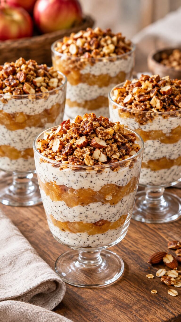 Elegant Poppy Seed Marzipan Yogurt Dessert with Sweet Apple Compote and Crunchy Almond Oat Krokant