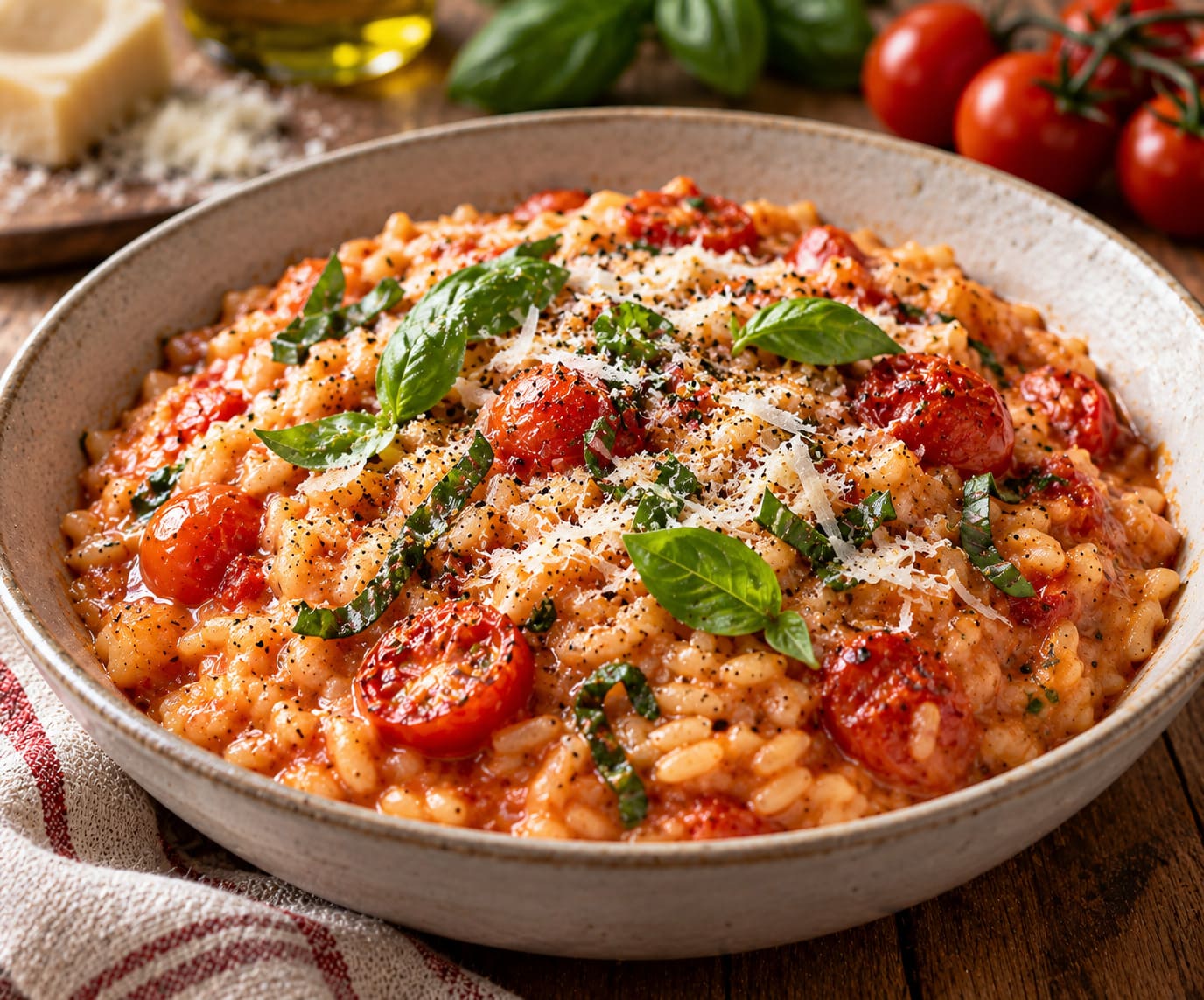 Elite Artisan Italian Tomato Risotto with Velvet Arborio Grain Mattress, Blistered Cherry Gems and Shaved Parmesan Armor
