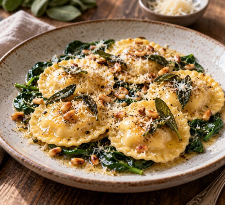 Elite Artisan Spelt Ravioli with Velvet Goat Cheese Cushion, Fresh Baby Spinach and Toasted Sage Nut Armor