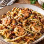 Elite Bucatini Pasta with Crispy Bacon, Blistered Golden Chanterelles and Pan-Seared Tiger Prawns