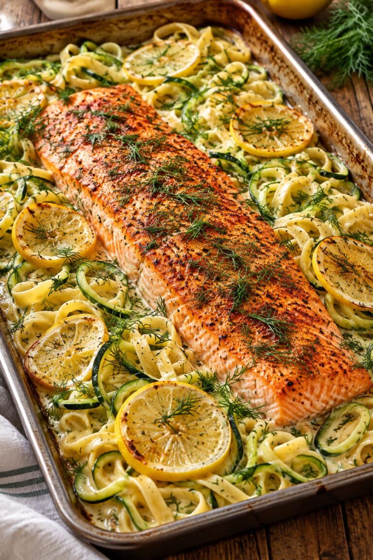 Elite Finnish Style Sheet-Pan Flamed Salmon with Creamy Ribbon Noodles, Zucchini Twists and Zesty Lemon Armor
