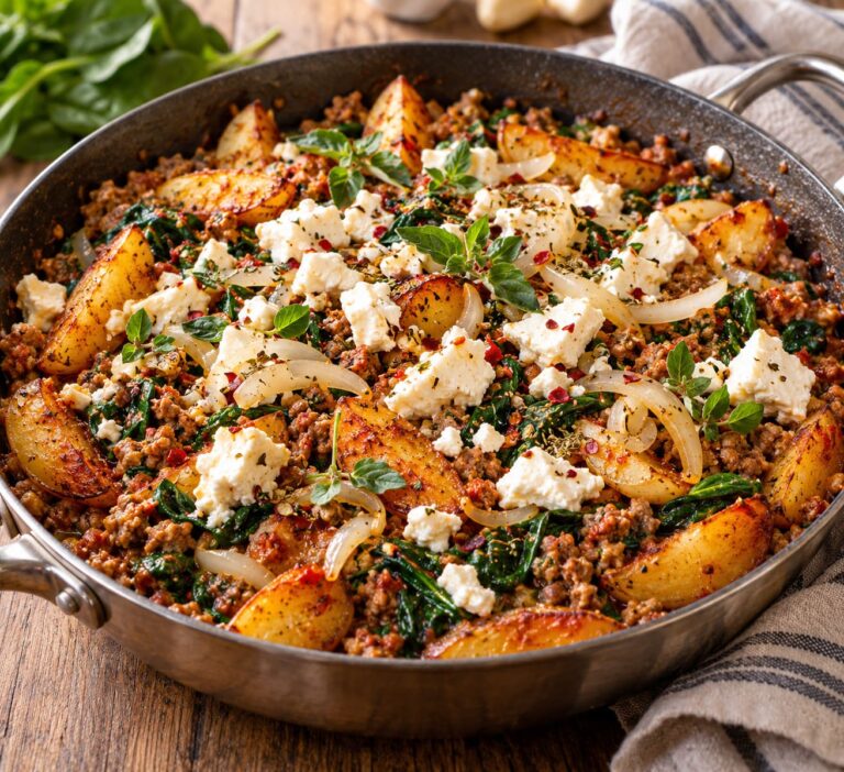 Elite Greek Skillet Ground Meat Mattress with Crispy Baked Tubers, Wilted Leaf Spinach and Crumbled Feta Armor