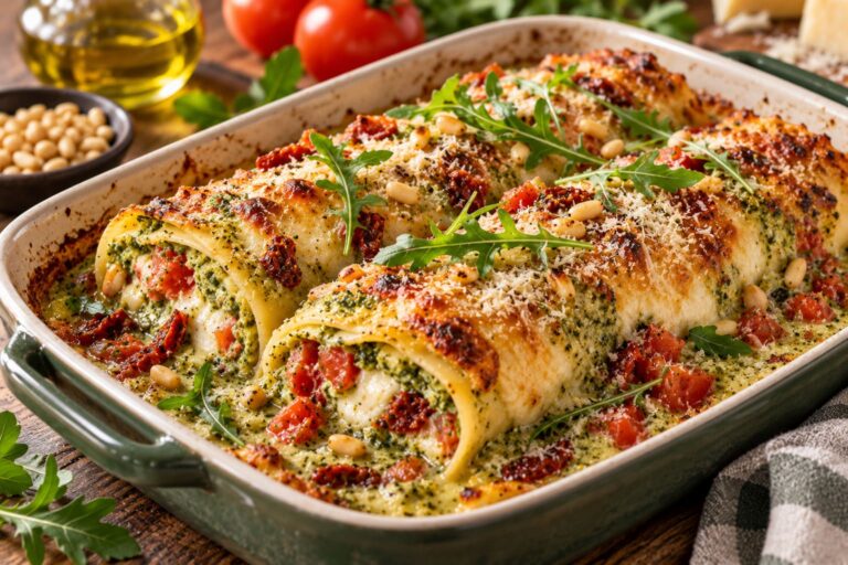 Elite Italian Stuffed Pasta Rolls with Velvet Arugula Pesto Cream and Melting Double Cheese Armor