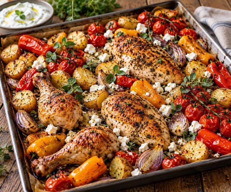 Elite Mediterranean Sheet-Pan Crispy Chicken with Golden Tuber Mattress, Sweet Snack Peppers and Crumbled Feta Armor