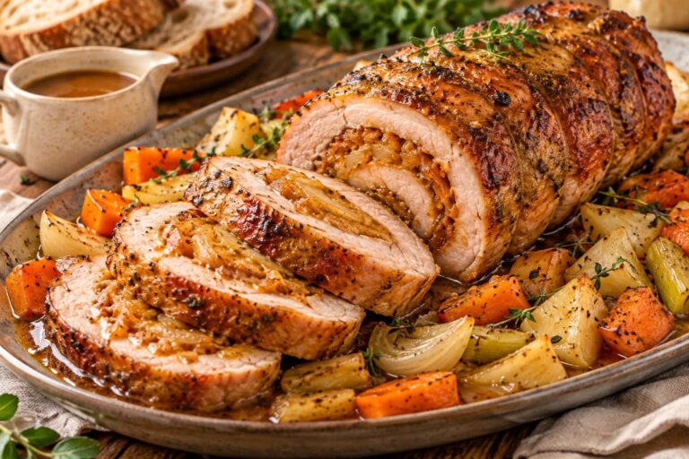 Elite Slow-Roasted Cured Cured Pork Roulade Roast Stuffed with Paprika Allium Cushion and Savory Mustard Broth Glaze