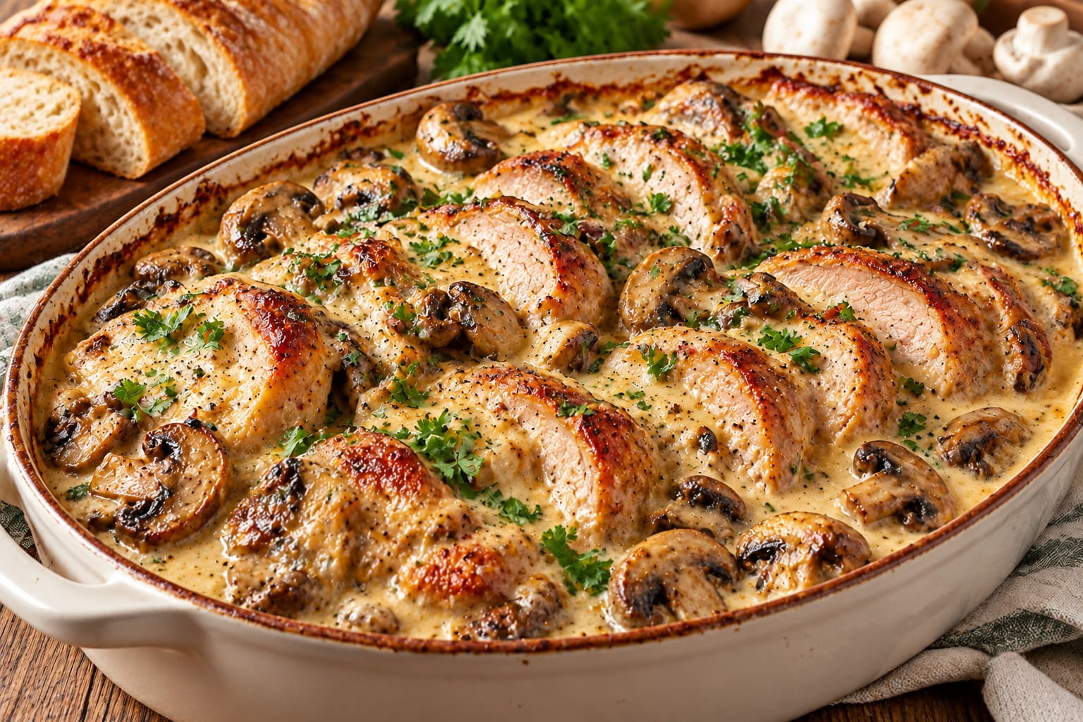 Elite Slow-Roasted Pork Neck Loin with Rich Camembert Cream Sauce, Blistered Mushrooms and Fresh Parsley Armor