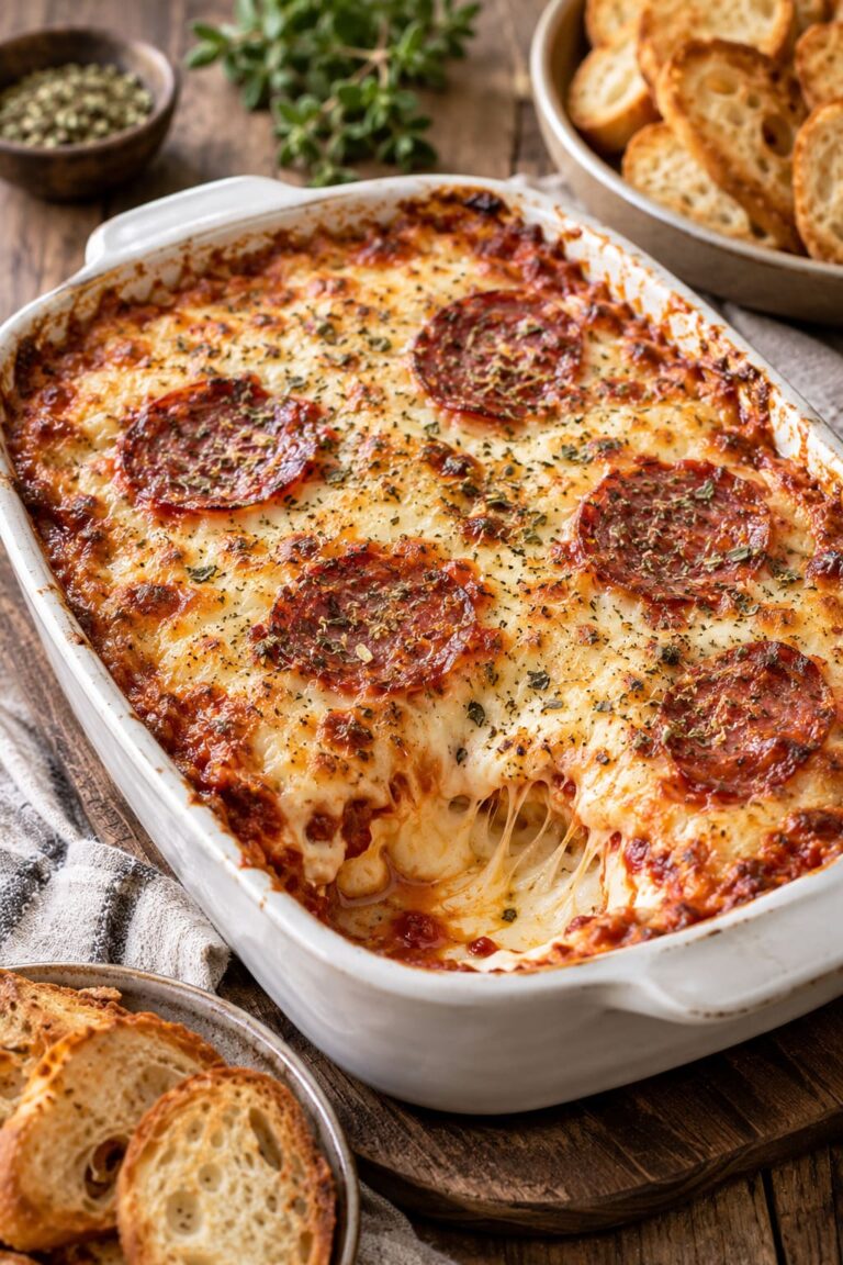 Extra Cheesy Oven-Baked Pizza Dip with Triple-Cheese Foundation and Savory Salami Armor