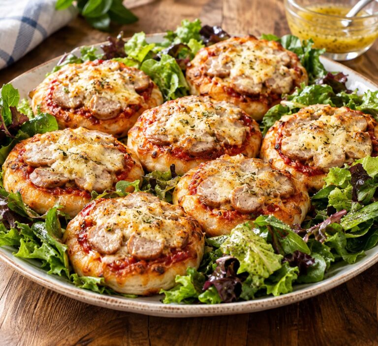Festive Mini Bavarian  Weisswurst Pizzas with Melting Gouda Crust and Honey Balsamic Leaf Salad