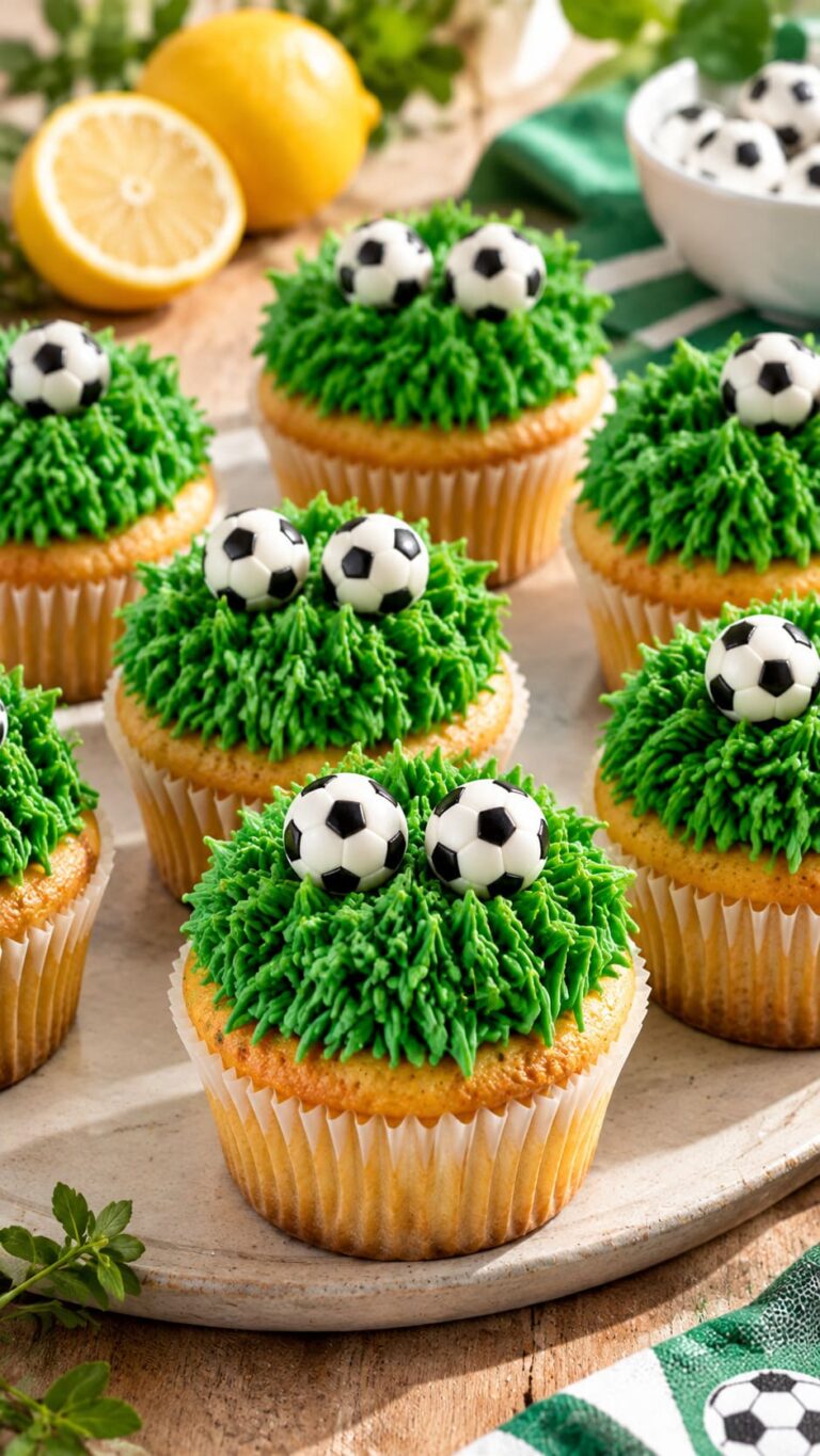 Festive Vanilla Soccer Cupcakes with Vibrant Emerald Grass Frosting and Sugar Ball Armor