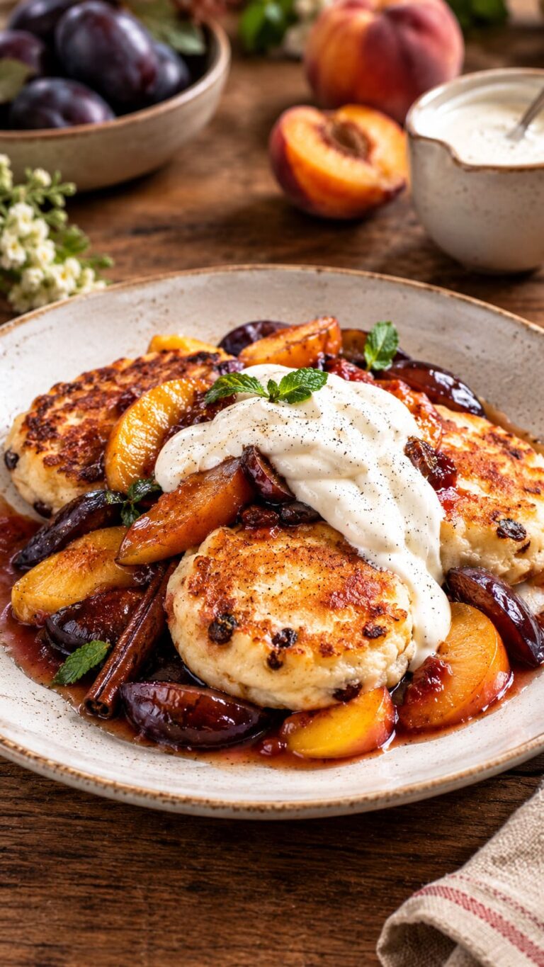 Golden Pan-Seared German Quarkkeulchen Cakes with Sweet Vanilla Schmand and Autumn Orchard Fruit Ragouts