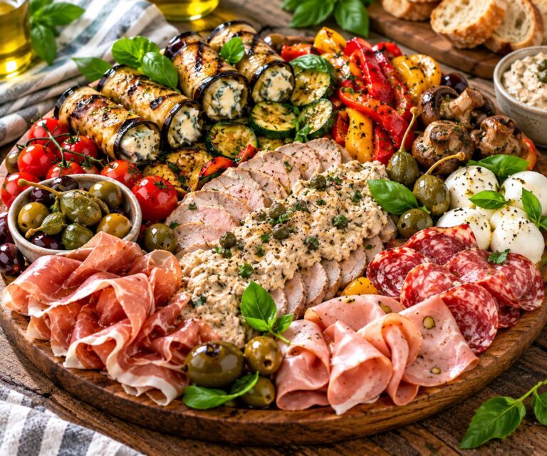 Grand Italian Celebration Platter with Creamy Veal Tonnato, Gorgonzola Eggplant Rolls and Sweet Balsamic Blistered Vegetables