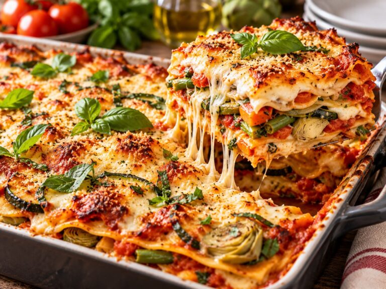 Grand Italian Sheet-Pan Vegetable Lasagne with Velvet Béchamel, Sweet Basil Tomato Reduction and Bubbling Double Cheese Armor