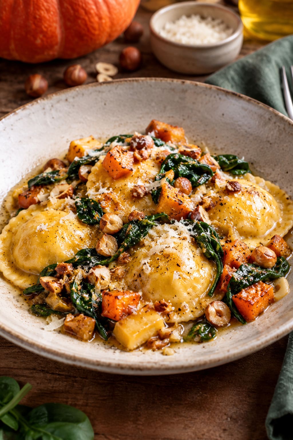 Handcrafted Hokkaido Pumpkin Ricotta Ravioli with Roasted Hazelnuts and Young Wilted Spinach Handcrafted Hokkaido Pumpkin Ricotta Ravioli with Roasted Hazelnuts and Young Wilted Spinach