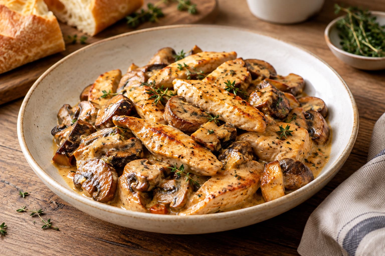 Juicy Pan-Seared Chicken Strips in Rich Velvet Schmand Cream and Blistered Woodland Mushroom Gravy Juicy Pan-Seared Chicken Strips in Rich Velvet Schmand Cream and Blistered Woodland Mushroom Gravy
