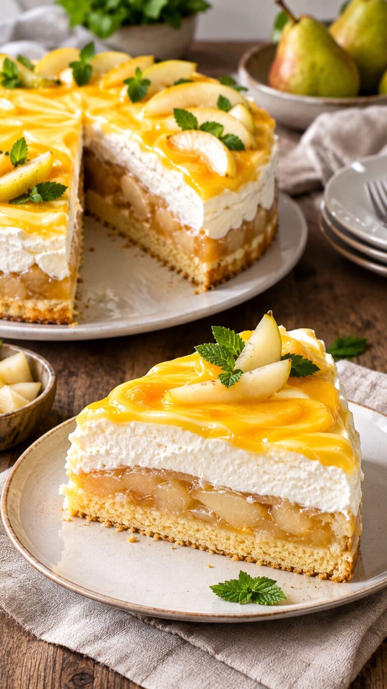 Majestic Pear Cream Layer Cake with Sweet Vanilla Sponges and Swirled Multivitamin Glaze Majestic Pear Cream Layer Cake with Sweet Vanilla Sponges and Swirled Multivitamin Glaze