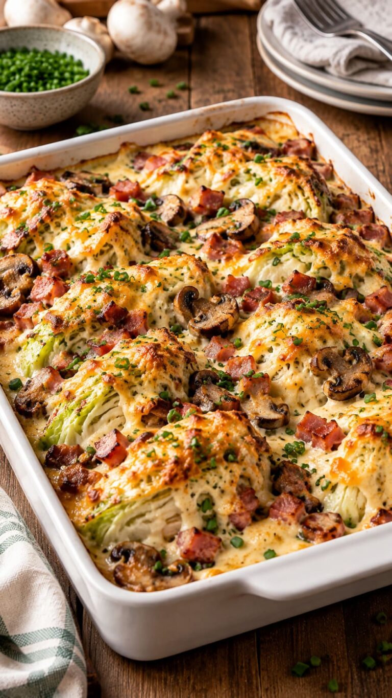 Oven-Baked Pointed Cabbage Wedges in Creamy Herbed Cheddar Custard with Blistered Mushrooms and Bacon Armor