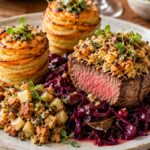 Oven-Roasted Beef Tenderloin Medallions with Sweet Cherry Red Cabbage and Layered Potato Towers
