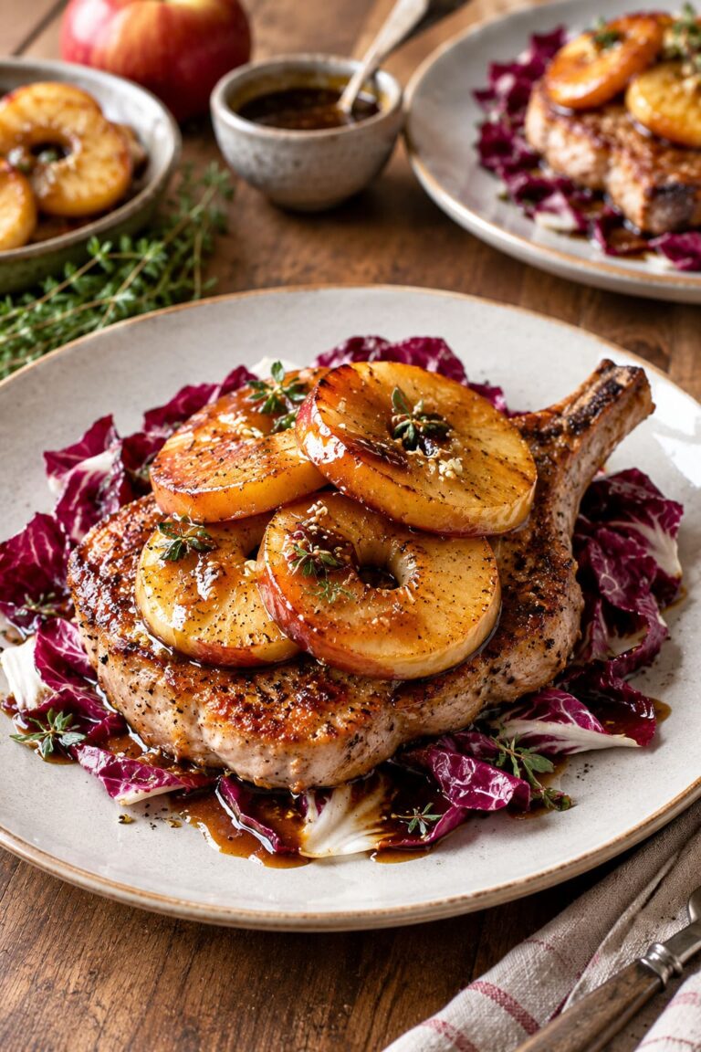 Pan-Seared Pork Chops with Caramelized Apple Rings and Citrus Soy Reduction