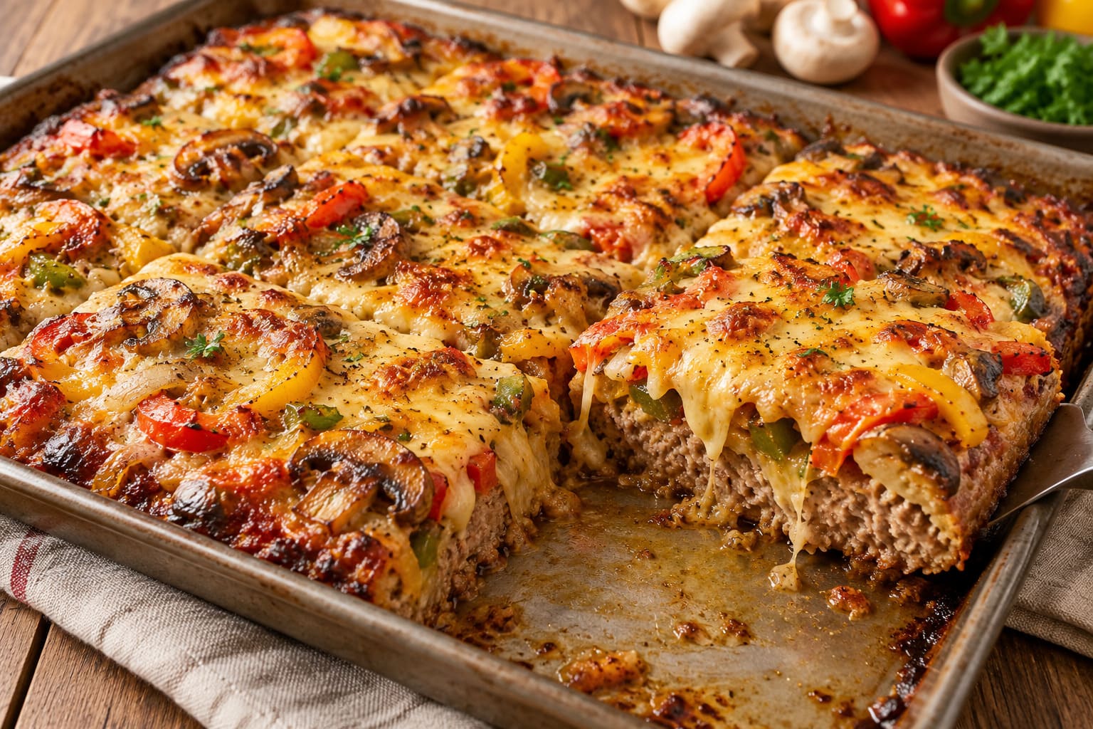 Robust Fiery Sheet-Pan Ground Meat Pizza with Blistered Mushrooms, Sweet Peppers and Melting Gouda Armor Robust Fiery Sheet-Pan Ground Meat Pizza with Blistered Mushrooms, Sweet Peppers and Melting Gouda Armor