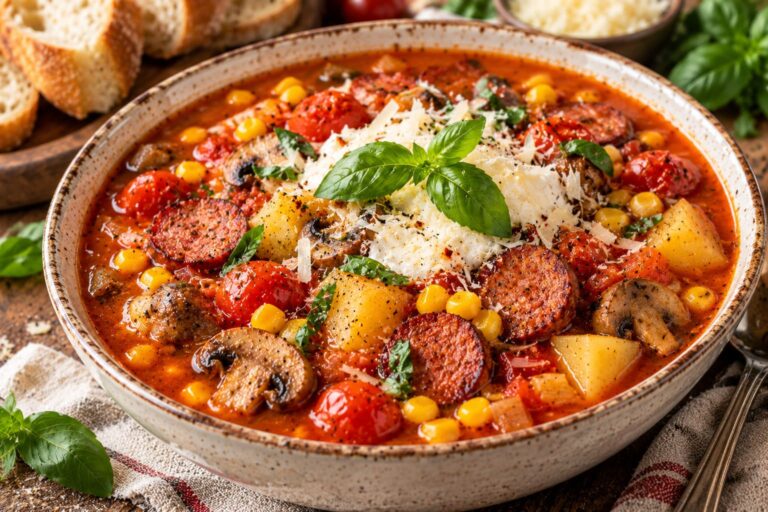 Robust Hearty Pizza Soup with Savory Salami Discs, Tender Potatoes and Shaved Parmesan Armor