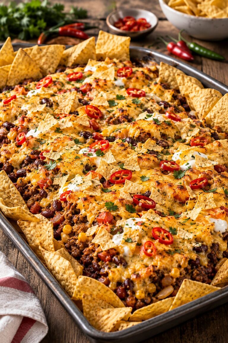 Robust Sheet-Pan Chili con Carne with Melting Cheddar Crust and Crunchy Tortilla Chip Armor