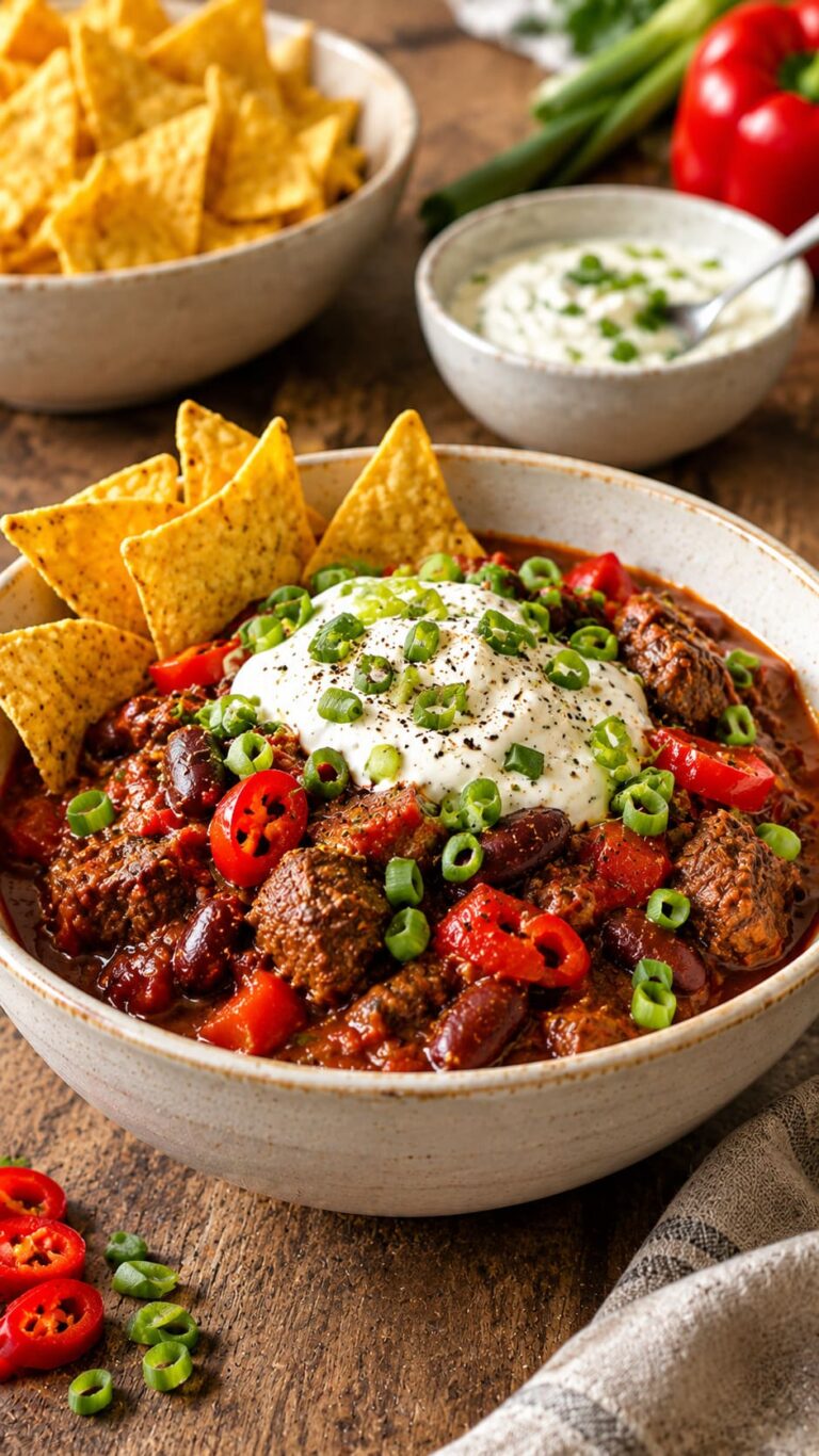 Robust Slow-Braised Beef Chili Pot with Rich Tomato Broth and Zesty Scallion Sour Cream