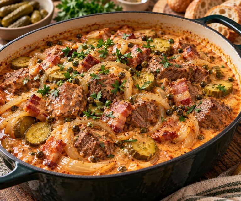 Robust Slow-Braised Beef Roulade Party Pot with Creamy Cocktail Reduction and Zesty Gherkin Cushion