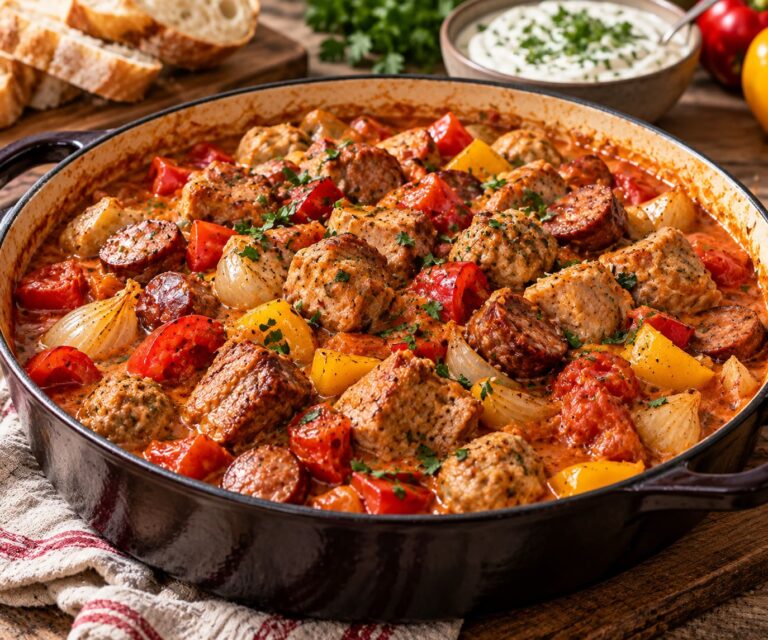 Robust Slow-Braised Meat Shish Kebab Stew with Fennel Sausage, Garlic Links and Velvet Herb Cream