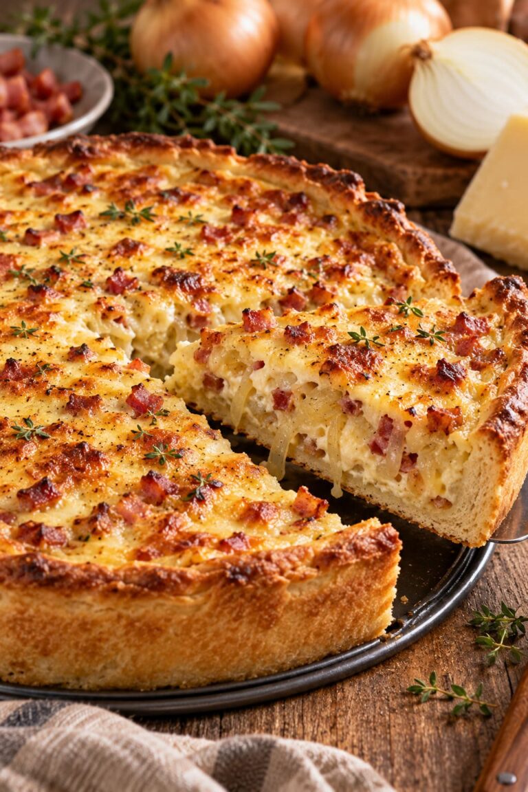 Robust Swabian Savory Onion Cake with Crispy Bacon Cushions and Bubbling Alpine Cheese Armor