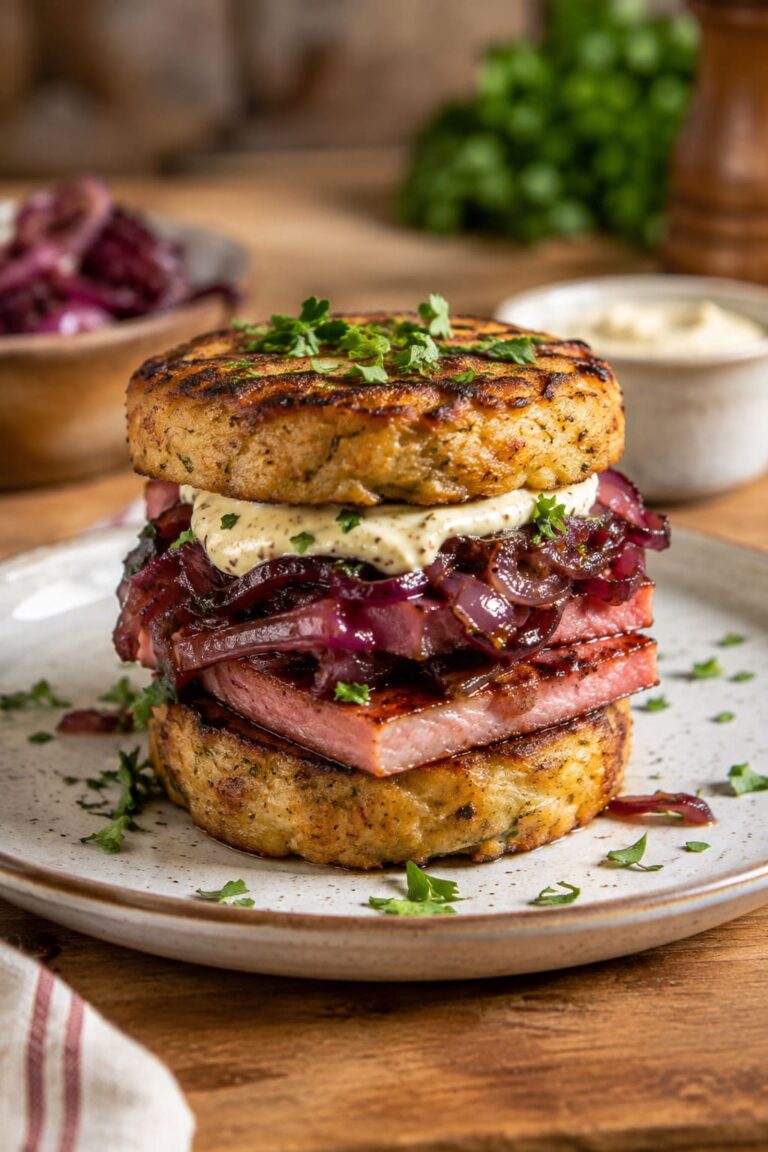 Rustic Bavarian Lye Pretzel Dumpling Burgers with Pan-Seared Leberkaese and Sweet Anise Red Onion Armor