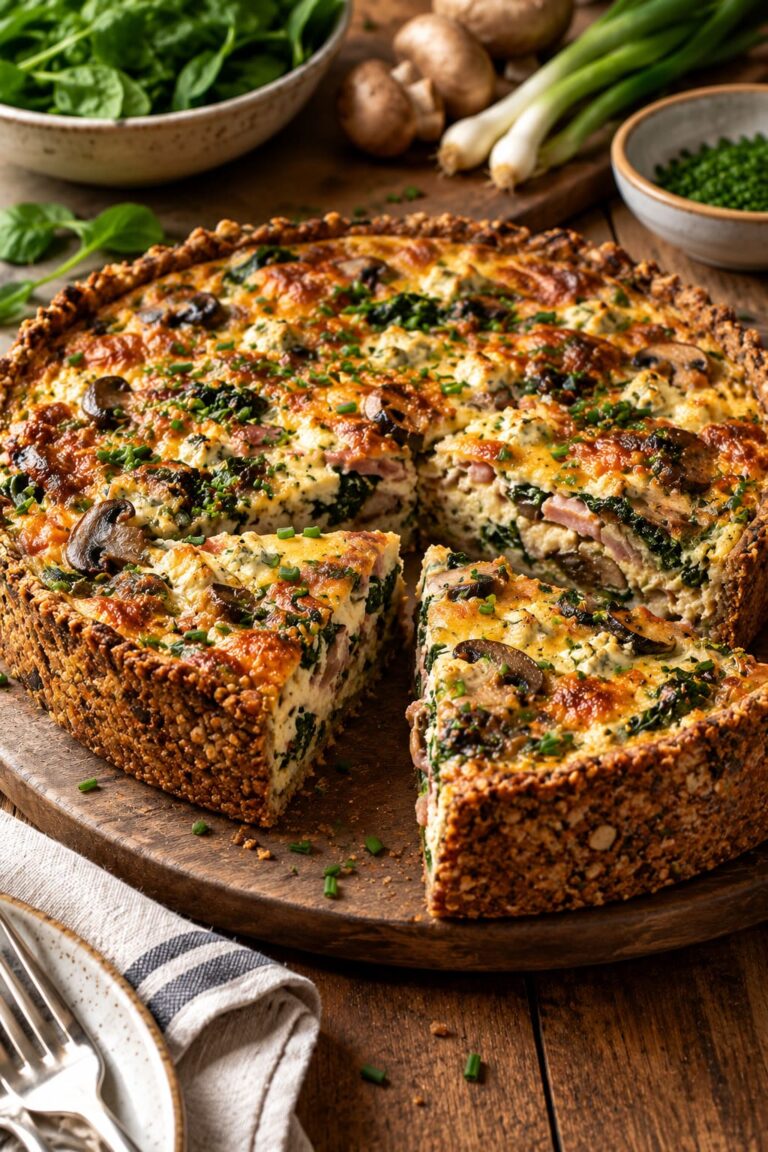 Rustic Dark Rye Mushroom Quiche with Crumbled Blue Cheese, Fresh Spinach and Crunchy Walnut Pastry