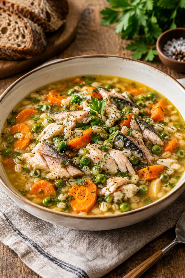 Rustic Pearl Barley Soup with Sweet Carrots, Green Peas and Smoky Mackerel Armor