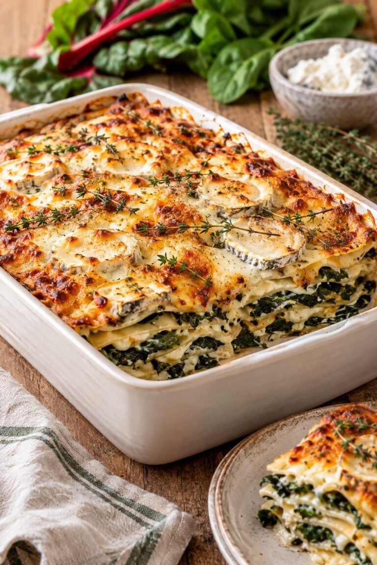 Rustic Spinach Swiss Chard Lasagne with Velvet Melted Sainte-Maure and Creamy Goat Cheese Mirror