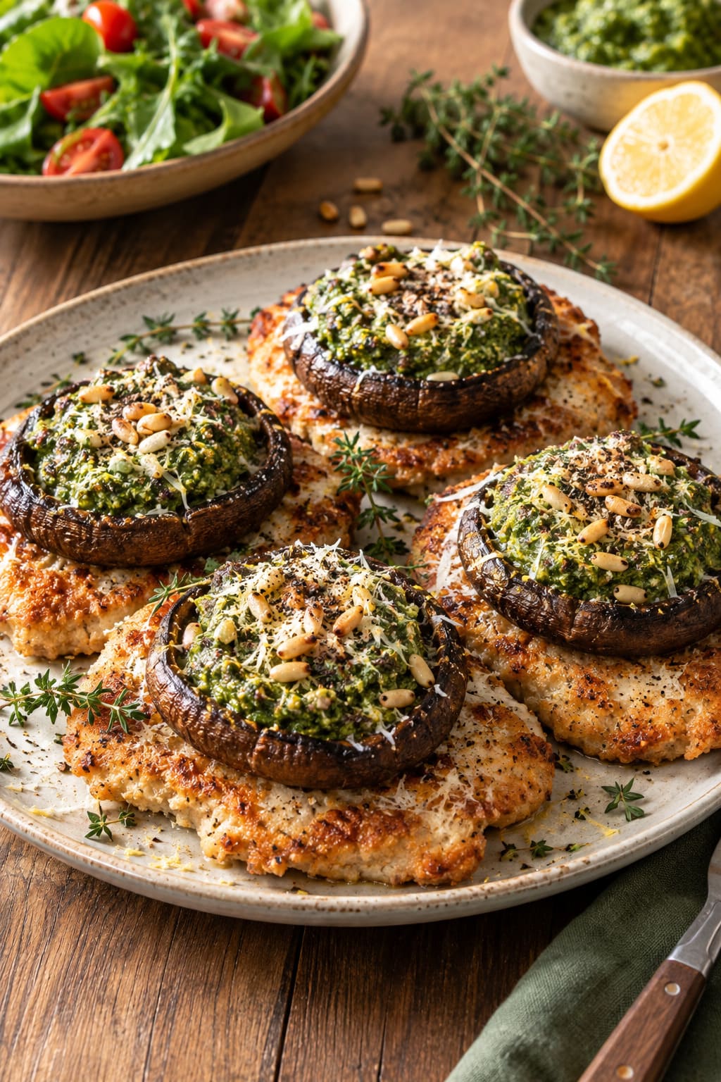 Savory Pan-Seared Parmesan Schnitzels with Baked Portobello Mushrooms and Vibrant Pine Nut Basil Pesto Savory Pan-Seared Parmesan Schnitzels with Baked Portobello Mushrooms and Vibrant Pine Nut Basil Pesto