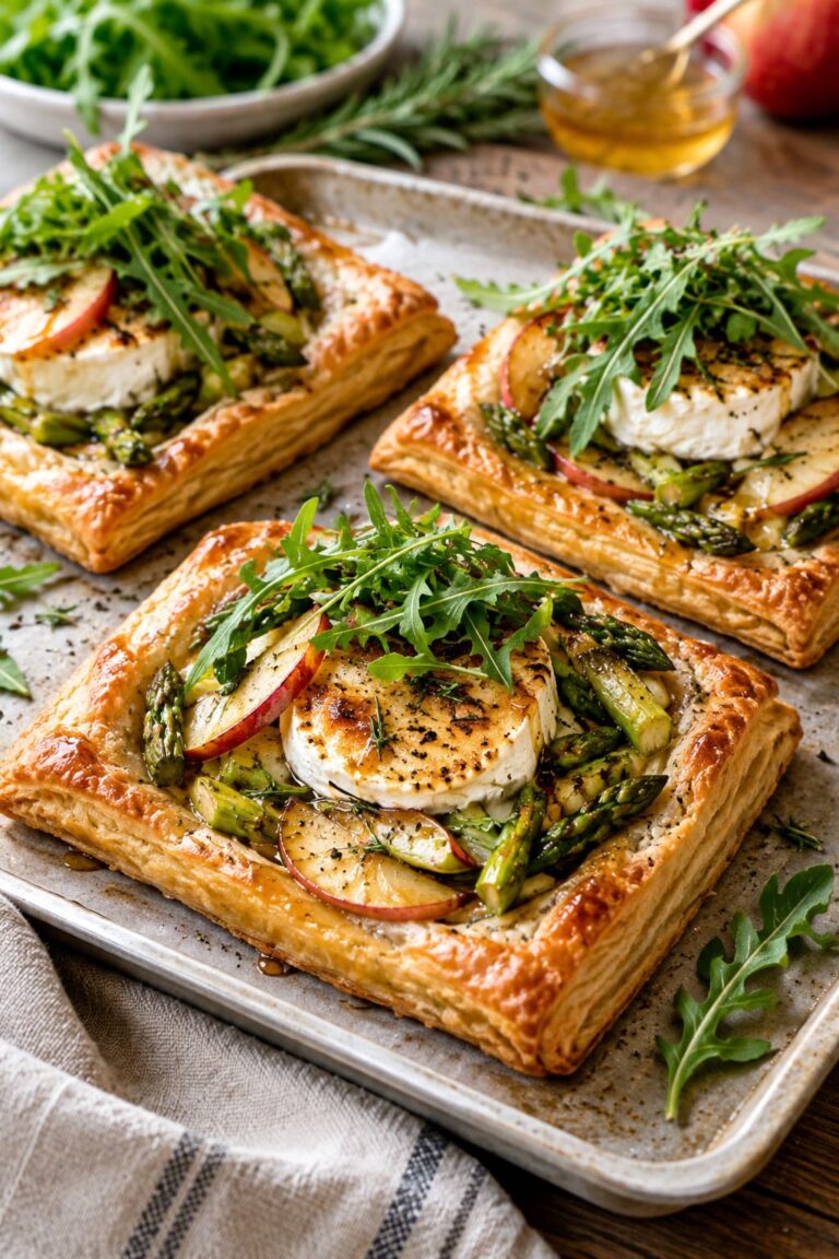 Shatteringly Flaky Pastry Tarteletts with Creamy Goat Cheese, Sweet Apple Wedges and Green Asparagus