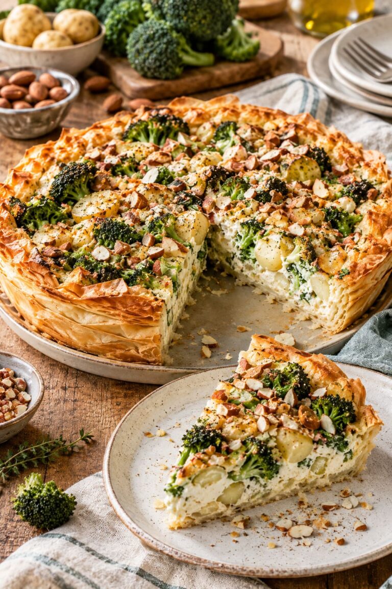 Shatteringly Flaky Phyllo Potato Quiche with Velvet Ricotta Cushion, Tender Broccoli and Roasted Almond Armor