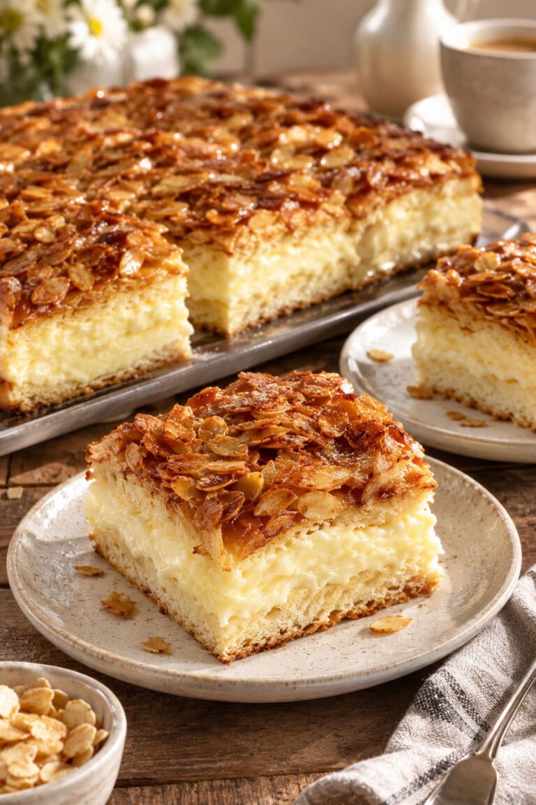 Traditional German Bee Sting Cake with Velvet Vanilla Custard and Honey Almond Crunch Traditional German Bee Sting Cake with Velvet Vanilla Custard and Honey Almond Crunch