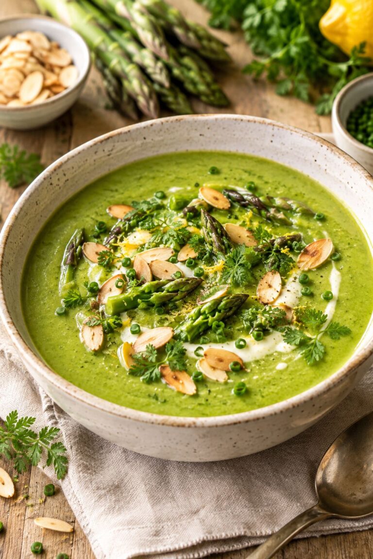 Velvety Emerald Green Asparagus Soup with Creamy Almond Butter Swirl and Toasted Flake Armor